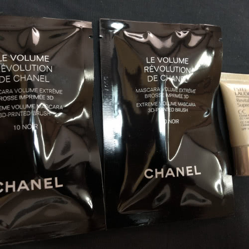 Chanel, украшения на пакеты, ленты, коробки, пробники туши, гидрофильного масла 5 шт., смывки для глаз  Chanel